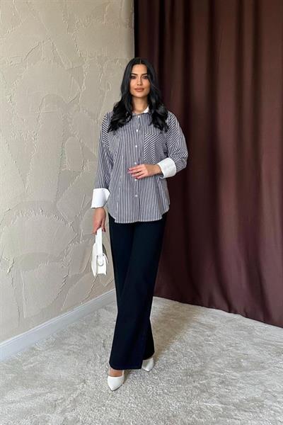 Siyah Çizgili Poplin Uzun Kol Gömlek