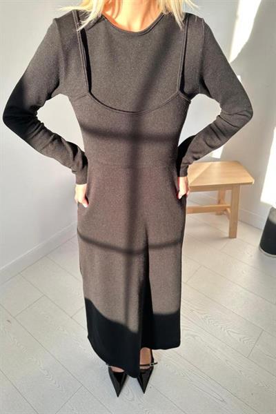 Siyah Croplu Akrilik Elbise