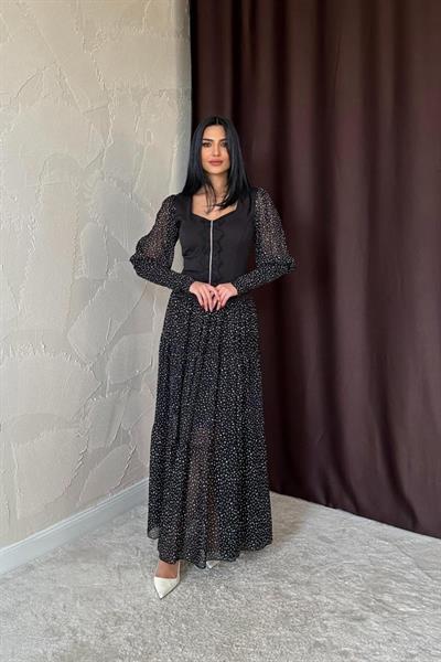 Siyah Dantelli Taşlı Şeritli Elbise