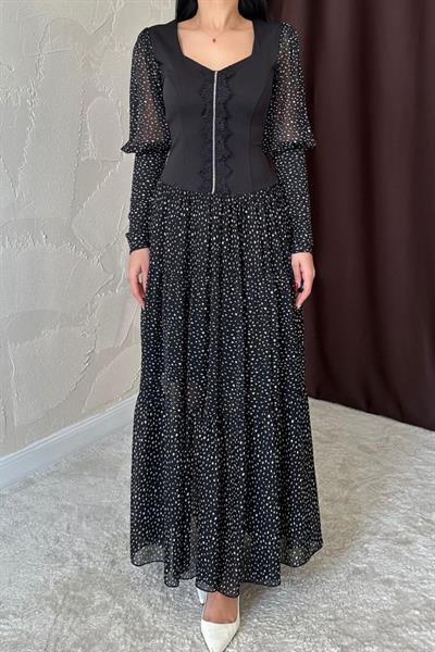 Siyah Dantelli Taşlı Şeritli Elbise