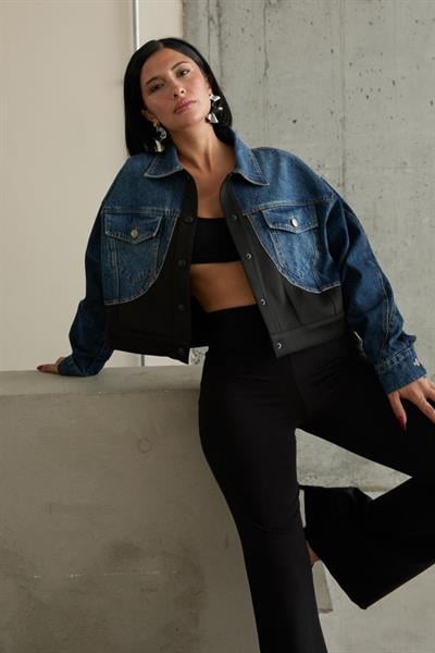 Siyah Denim Scuba Garnili Ceket