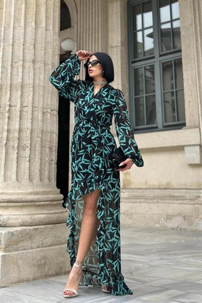 Siyah Desenli Fırfırlı Elbise