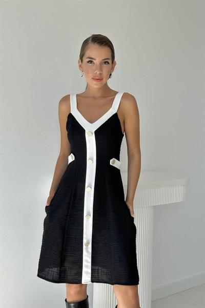 Siyah Ekru Süs Cepli Askılı Elbise