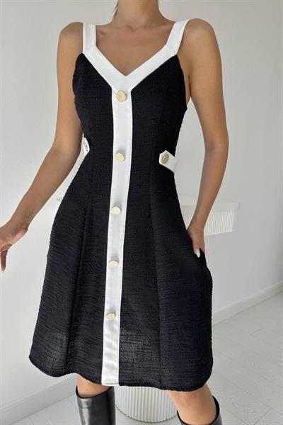 Siyah Ekru Süs Cepli Askılı Elbise