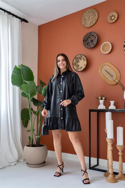 Siyah Eteği Büzgülü Deri Elbise