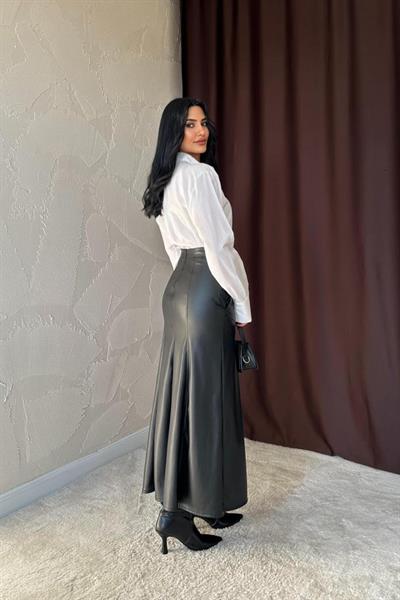 Siyah Fermuar Detaylı Deri Etek