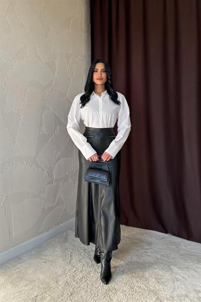 Siyah Fermuar Detaylı Deri Etek