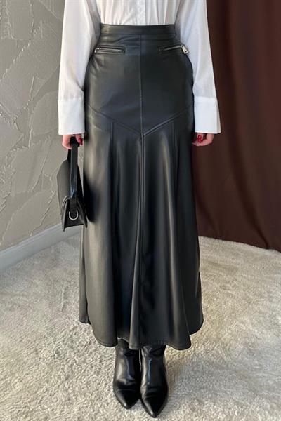 Siyah Fermuar Detaylı Deri Etek