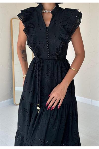 Siyah Fırfırlı Düğmeli Elbise