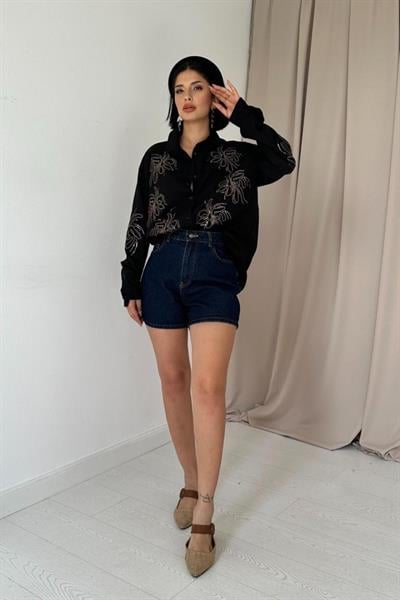 Siyah Flamlı Keten Nakışlı Pullu Gömlek