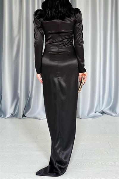 Siyah Göğsü Kuplu Yırtmaçlı Elbise