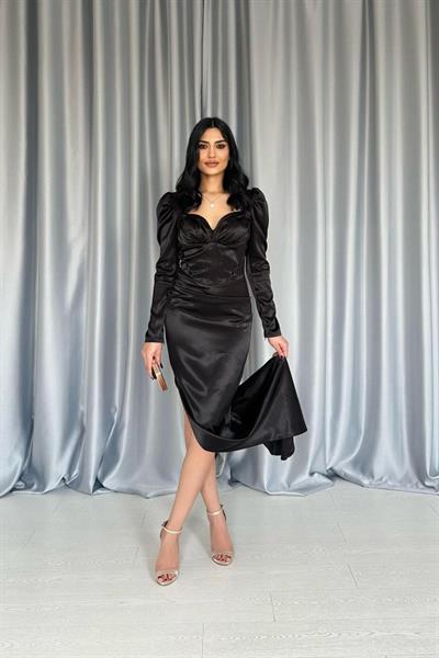 Siyah Göğsü Kuplu Yırtmaçlı Elbise