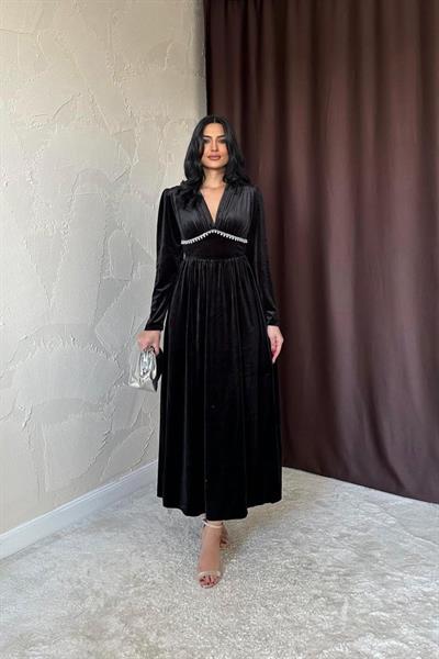 Siyah Göğüs Altı Taşlı Elbise