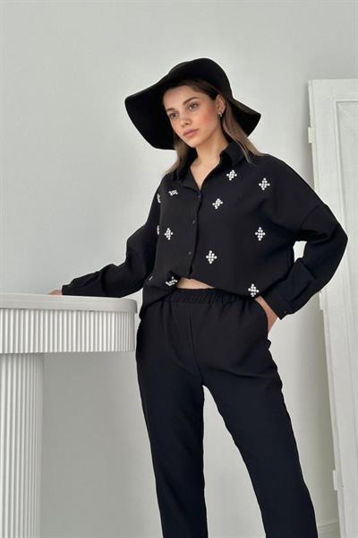 Siyah Gömleği Taşlı Fitilli Takım