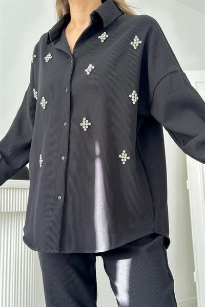 Siyah Gömleği Taşlı Fitilli Takım