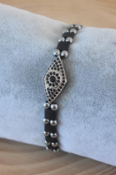 Siyah Gümüş Renk Zirkon Taşlı Makrome Doğal Taş Erkek Bileklik