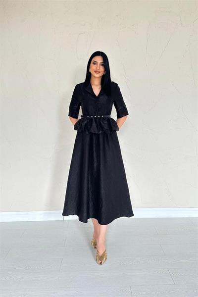 Siyah İnce Kemerli Fırfırlı Ceket Ve Büzgülü Etek Takım