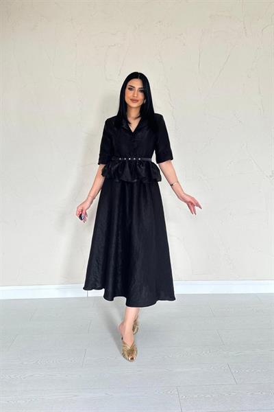 Siyah İnce Kemerli Fırfırlı Ceket Ve Büzgülü Etek Takım