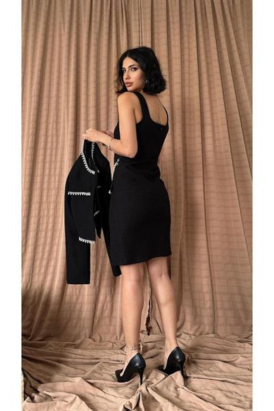 Siyah İnci Şeritli Ceket Ve Elbise Takım