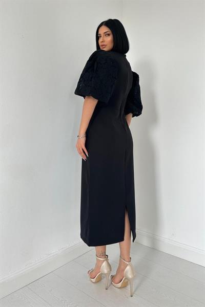 Siyah İncili Tül Detay Elbise
