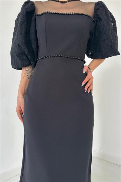 Siyah İncili Tül Detay Elbise