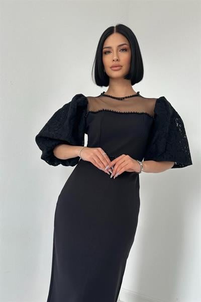 Siyah İncili Tül Detay Elbise