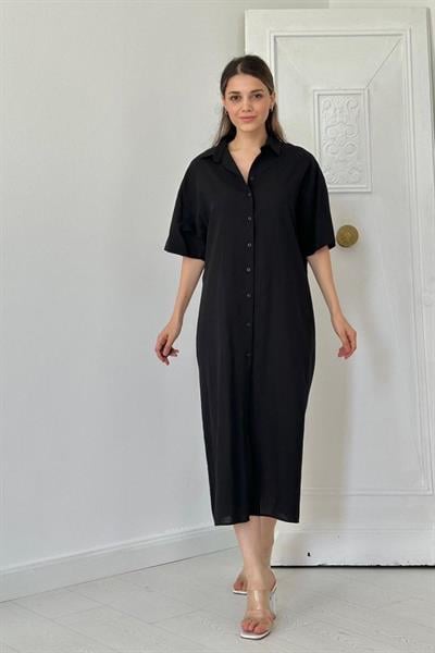 Siyah Keten Kısa Kollu Elbise