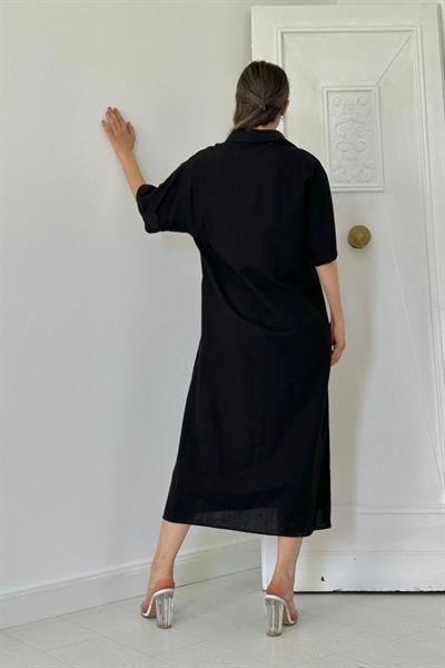 Siyah Keten Kısa Kollu Elbise