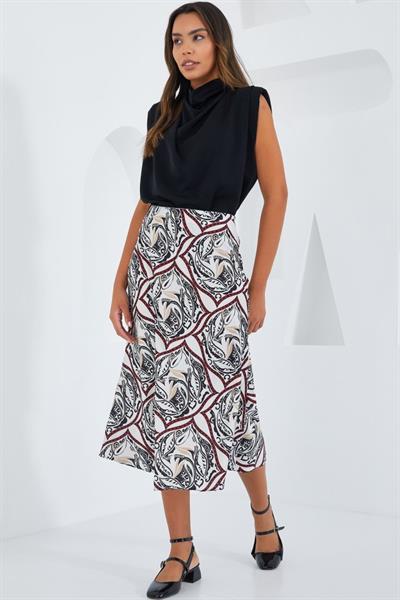 Siyah Kırmızı Desenli Saten Etek 15806