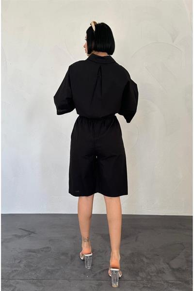 Siyah Kısa Kollu Keten Gömlek Ve Şort Takım