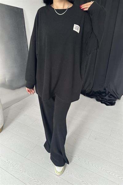 Siyah Klasik Fitilli Kazak Ve Pantolon Takım