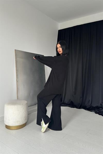 Siyah Klasik Fitilli Kazak Ve Pantolon Takım