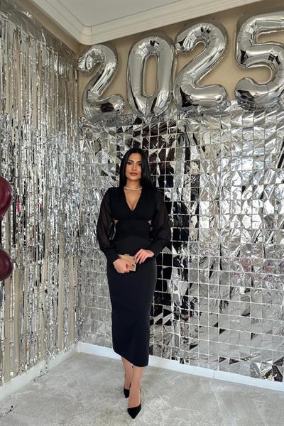 Siyah Kolları Şifon Arka Bel Detaylı Elbise