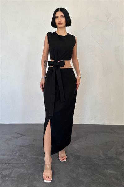 Siyah Kuşaklı Crop Ve Etek Takım