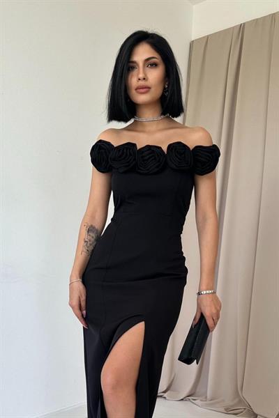Siyah Madonna Yaka Güllü Elbise