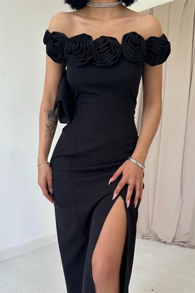 Siyah Madonna Yaka Güllü Elbise