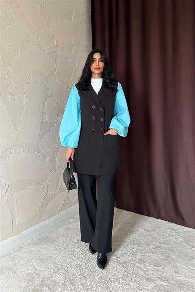 Siyah Mavi Garnili Ceket Elbise