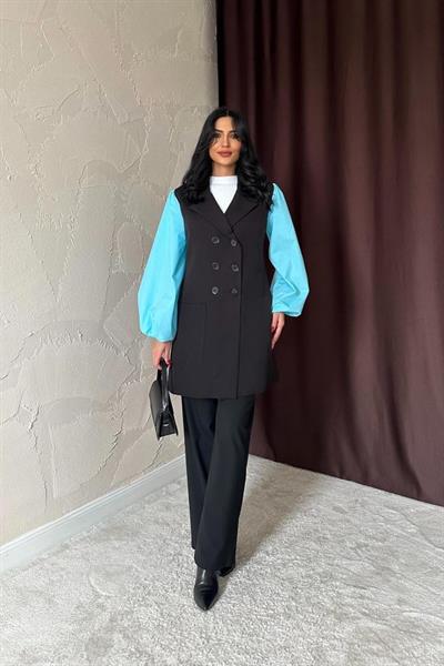 Siyah Mavi Garnili Ceket Elbise