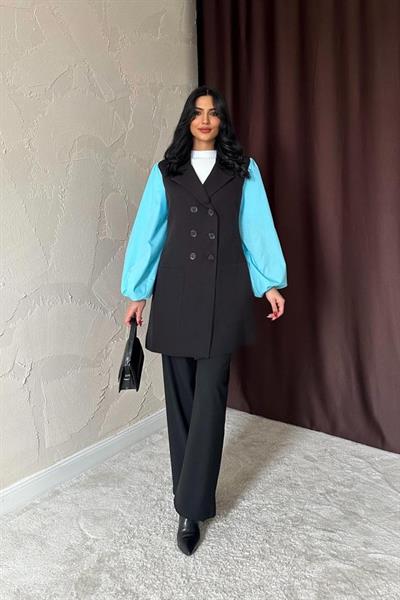 Siyah Mavi Garnili Ceket Elbise