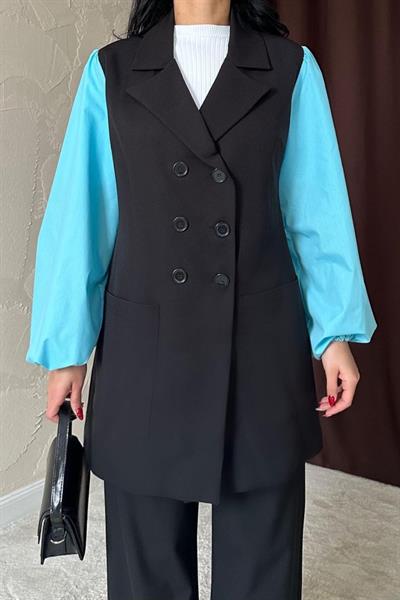 Siyah Mavi Garnili Ceket Elbise