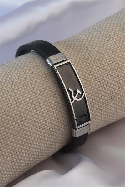 Siyah Metal Çekiç Orak Model Siyah Deri Erkek Bileklik