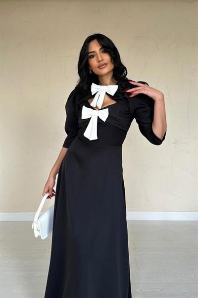 Siyah Ön Dekolteli Fiyonk Garnili Uzun Elbise