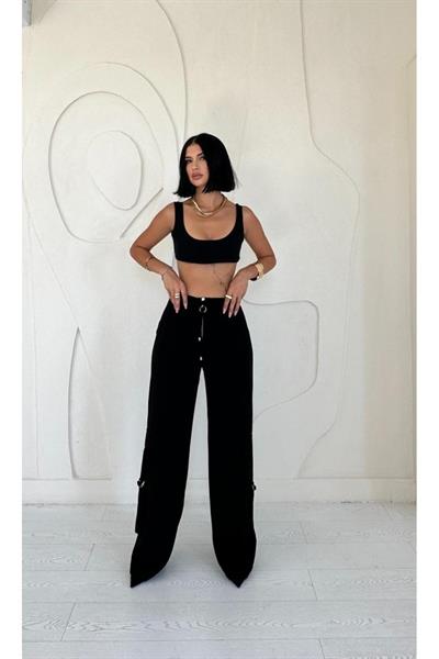 Siyah Önden Fermuarlı Pantolon