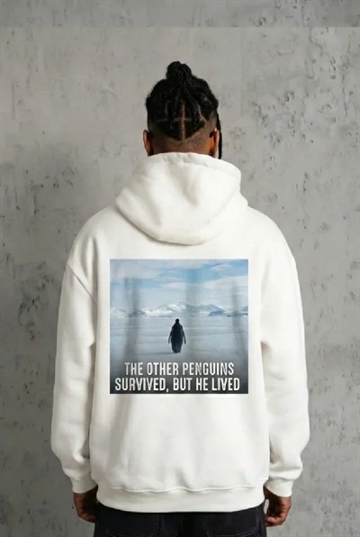 Siyah Oversize Hoodie - Sırt Baskılı Survivor Penguin Temalı, Felsefi Yazılı Kapüşonlu Sweatshirt - Beyaz