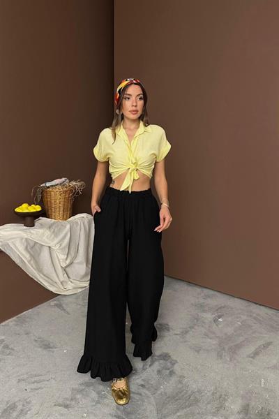 Siyah Paçası Fırfırlı Keten Pantolon