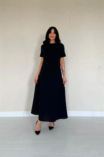 Siyah Pileli Bisiklet Yaka Elbise