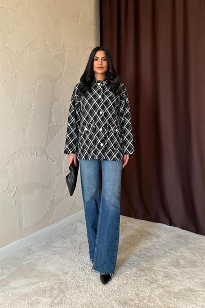 Siyah Polar Baklava Ekose Ceket