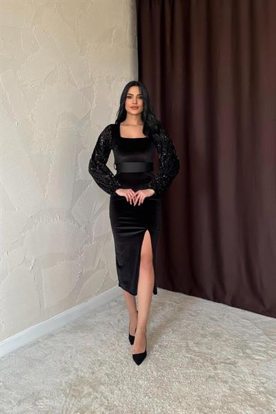 Siyah Pul Payetli Kadife Elbise