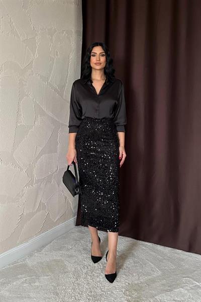 Siyah Pulpayetli Parlak Etek