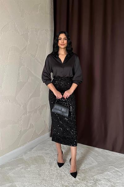 Siyah Pulpayetli Parlak Etek